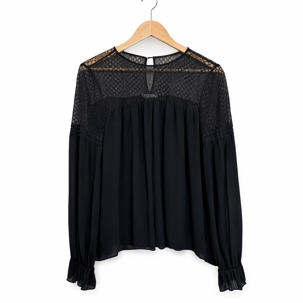 Parker Black Silk Lace Blouse M Sheer Yoke Boho Romantic Long Sleeve Top - Picture 5 of 7
